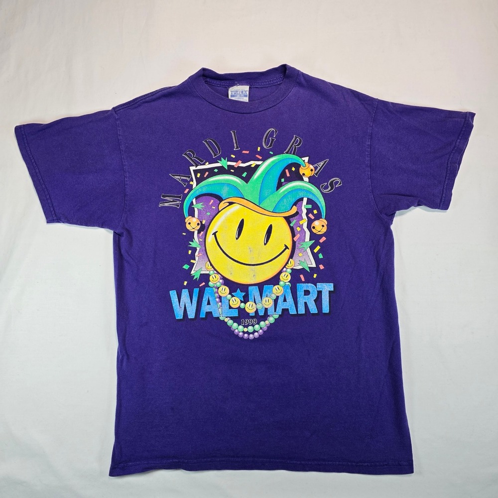 Vintage 1999 Walmart Mardi Gras Smiley Face Jester Purple T-Shirt Tultex Large